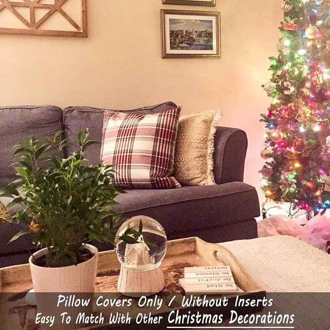 Red Plaid Merry Chirstmas Holiday Large Throw Pillow Covers 22x22 Set of 2 | Red Plaid Merry Chirstmas Holiday Large Throw Pillow Covers 22x22 Set of 2