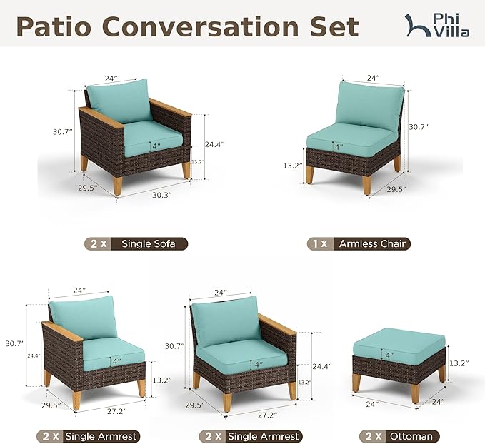 PHI VILLA 9-Piece Outdoor Wicker Furniture Set with 4-inch Thick Cushions, High Back Wicker Sofa for Deck, Yard, and Poolside in Blue (Loveseat Style)