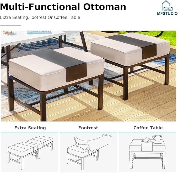 MFSTUDIO 8 Pieces Patio Furniture Sets with 45" Gas Fire Pit Table(Up to 9 Seat), Outdoor Metal Conversation Sofas with 1 x 3-Seat Sofa, 2 Single Chairs, 2 Rocking Chairs and 2 Ottoman, Beige Cushion