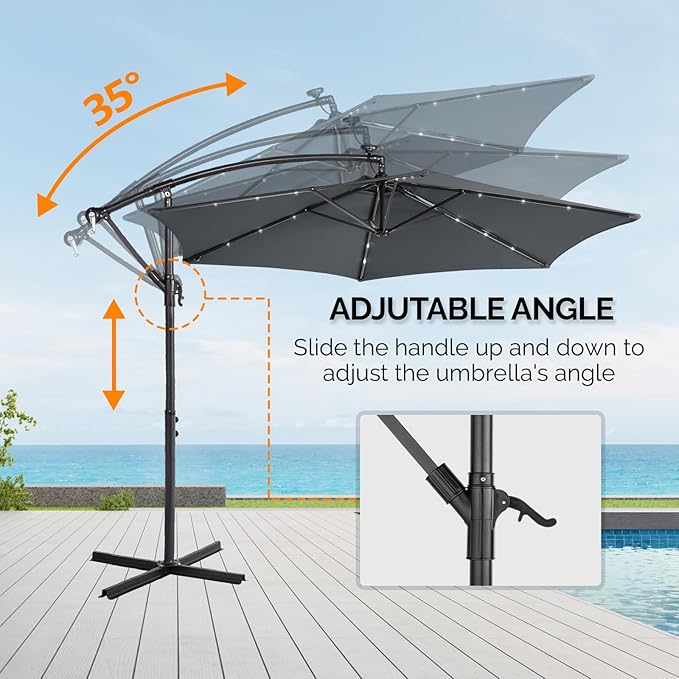 VINGLI 10 ft Cantilever Patio Umbrella, Offset Cantilever Outdoor Umbrella with Solar Lights, Easy Crank & Tilt Adjustment for Backyard, Poolside, Deck