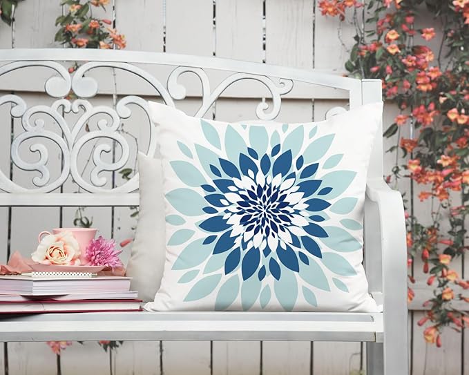 Jartinle Dahlia Flower Outdoor Pillow Covers 18x18 Inch Set of 2 Waterproof Abstract Floral Summer Decorative Throw Pillow Covers for Patio Furniture Porch Couch Home Decor (Navy Blue Grey)