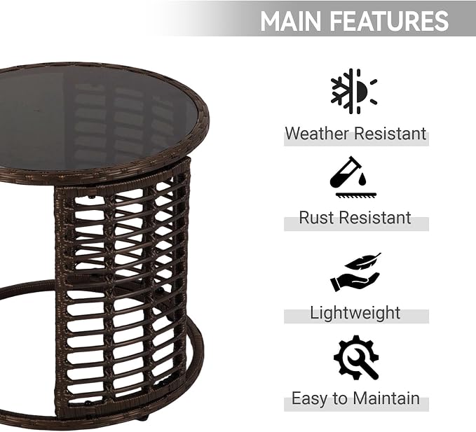Patio Rattan Side Table - Outdoor Wicker Fashionable Side Table, Round End Table with Glass Table Top for Garden, Backyard, Porch, Deck, Black Gold