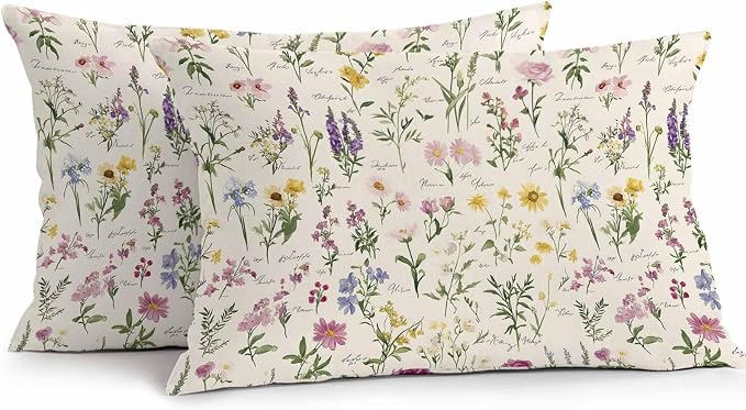Lumbar Pillow Covers 20x12 Inch Set of 2, Botanical Garden Florals Waterproof Outdoor Pillow Covers, Spring Watercolor Wildflowers Decorative Cushion Pillowcases for Couch, Sofa, Bed, Garden, Patio