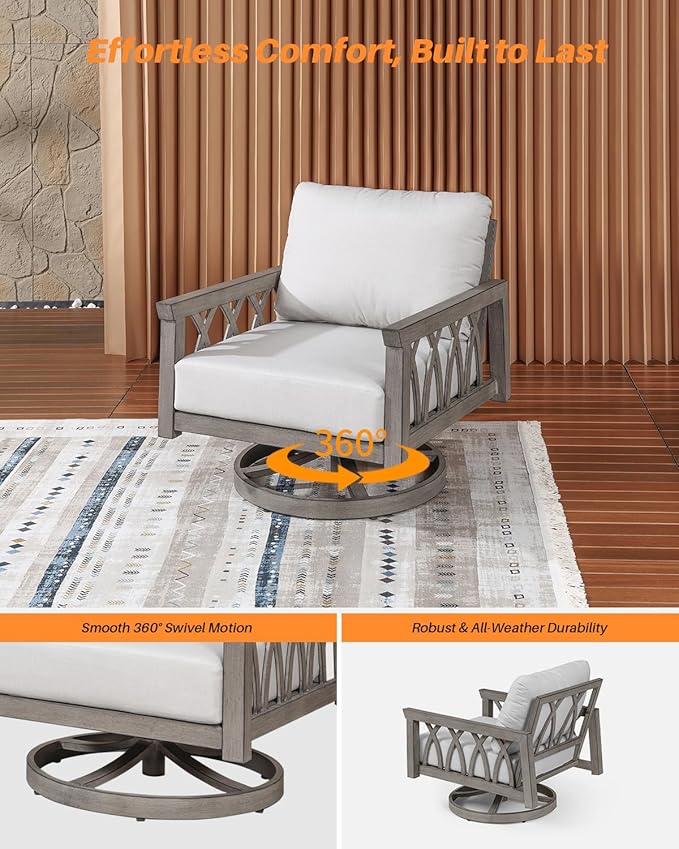 Outdoor Swivel Armchairs Set of 2, Aluminum Patio Sofa Chairs with Cushions, 360° Rotating Aluminum Club Chairs, Weather-Resistant Patio Furniture Set for Deck Garden Poolside, Limed Oak