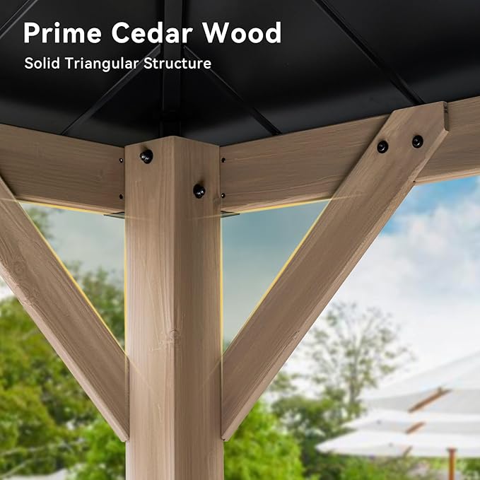 Aoxun 10' x 12' Outdoor Wood Gazebo, Hardtop Gazebo with Galvanized Steel Double Roof, Permanent Wooden Pavilion with Ceiling Fan, for Patio, Garden, Deck, Cedar Wood, Grey
