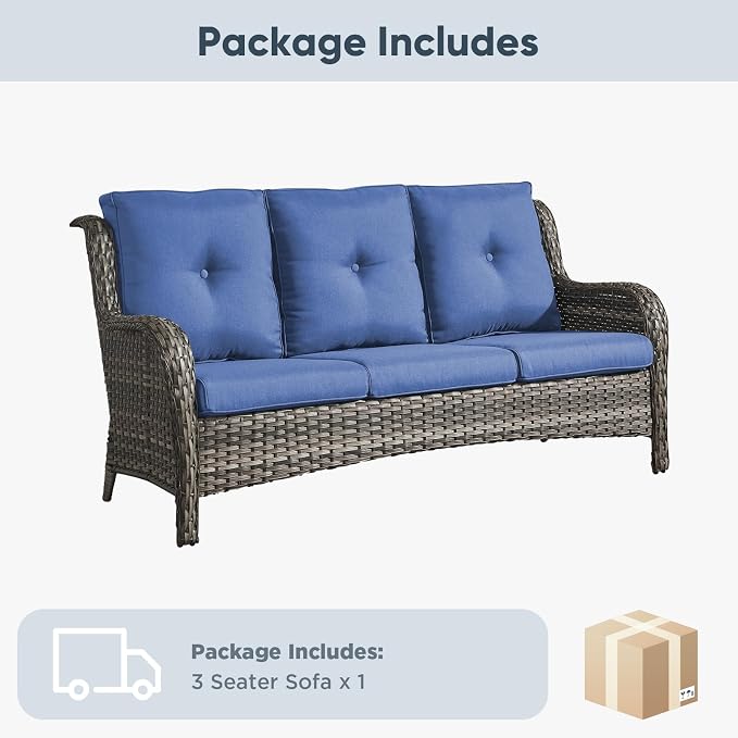 Belord Patio Sofa Luxury PE Wicker 3-Seater Outdoor Couch, Modern All-Weather High Back Deep Seat Woven Furniture Set for Porch, Deck, Balcony, Backyard - Grey/Blue