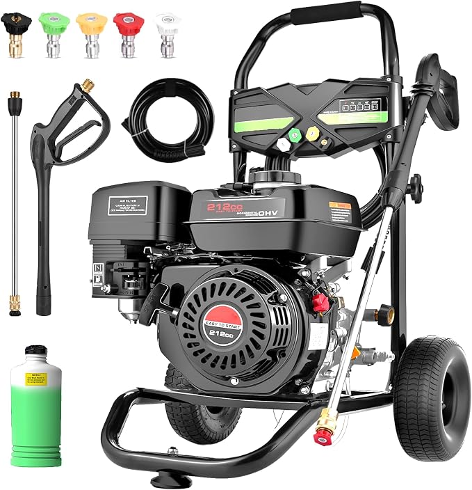 Commercial 4200PSI 4GPM 212CC Gas Cleaning Washer, 7.0 HP Professional Gas Washing Cleaner with 5 Nozzles 25FT Hose IL Soap Bottle for Car Fence Driveway Yard (EPA/CARB/ETL Compliant), Grey