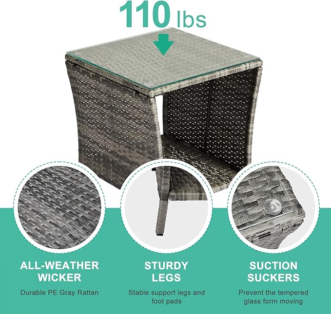 18" Patio Rattan Wicker Side Tables,Outdoor Square Wicker End Table,Waterproof Patio Coffee Side Table,Outside Storage Coffee Tables,with Glass Top,for Garden Porch Poolside Deck Backyard (Grey)