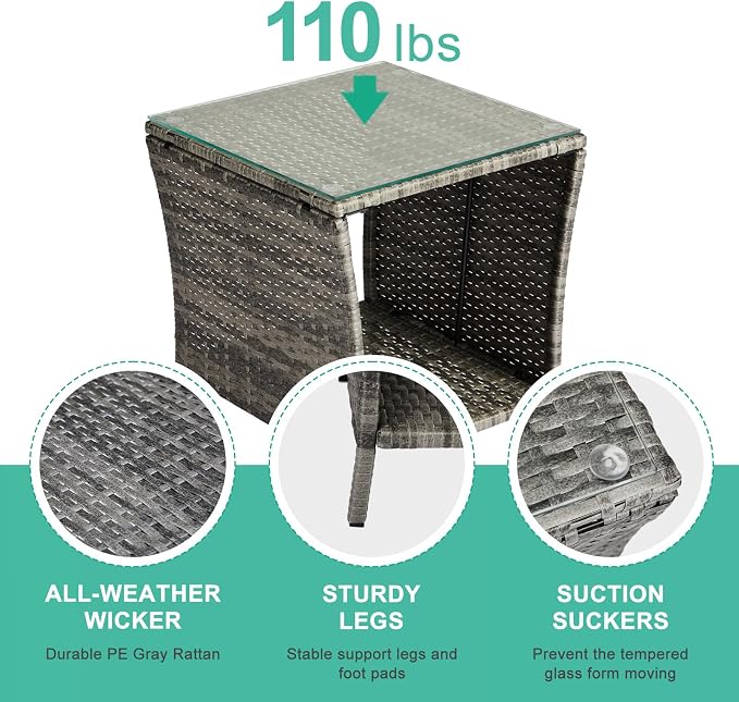 Outdoor Patio Wicker Side Table, Square End Table Bistro Coffee Table with Glass Top Storage Shelf for Porch Garden Backyard Rattan End Table Furniture with Storage (Light Grey)