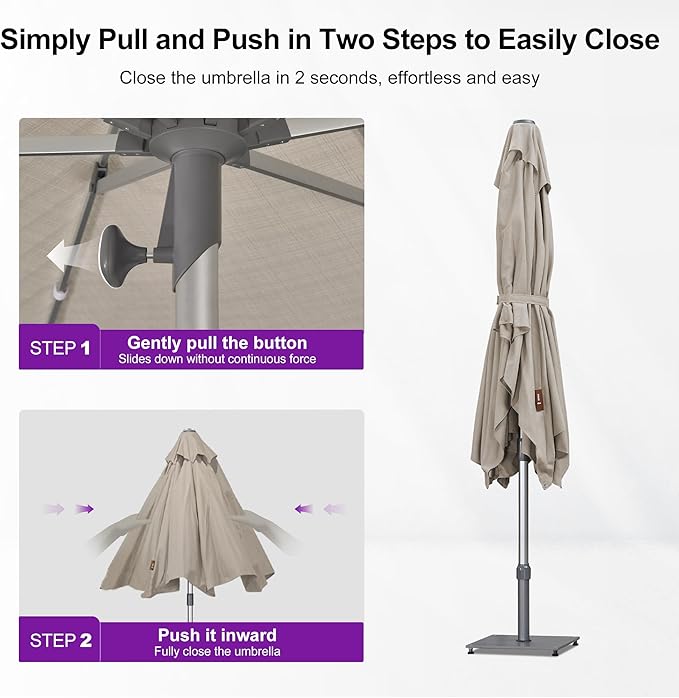 PURPLE LEAF 6 X 10 FT Semi-Auto Outdoor Patio Umbrella Market Table Sun Umbrellas with 6 Aluminum Sturdy Ribs for Backyard Deck Garden Pool (Silver Pole Beige Canopy)