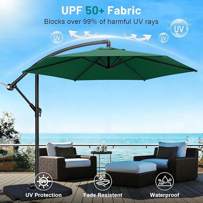 AreShark 10FT Patio Outdoor Umbrella, Offset Patio Umbrella Cantilever Umbrella, 6 Sturdy Ribs, Easy Adjustment for Garden Market Pool with Cross Base (Dark Green)