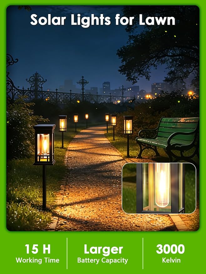LORRYTE 10 Pack Solar Pathway Lights Outdoor Waterproof | High-performance Solar Panel, Work Lasts 12-15hrs, Auto On/Off, Warm White Retro Design, Garden Lights for Lawn Walkway Decor