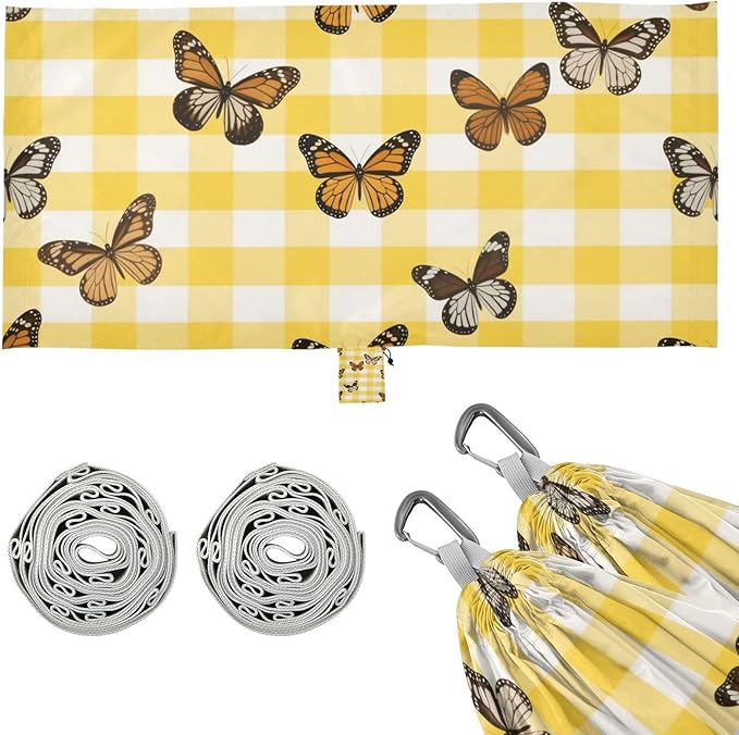 Yellow White Check Plaid Butterfly 330lb Capacity Camping Hammocks with Hanging Rope Indoor Hammock for Indoor Outdoor Patio Base de hamaca para adultos