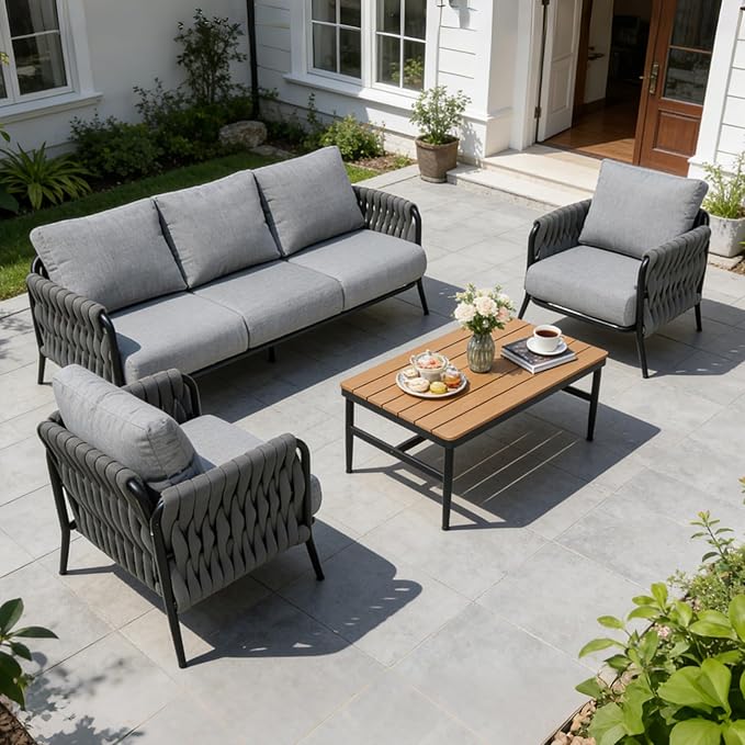 Outdoor Patio Furniture Set, 4/5 Seater Conversation Sofa Set with WPC Coffee Table, Powder-Coated Steel Frame, 6-Inch Thick Polyester Cushions for Garden, Balcony & Backyard (5 Seats)