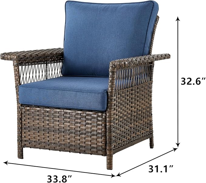 Outdoor Patio Chairs Wicker Chair - 2 Piece Rattan Patio Furniture Chairs Set with Sturdy Frame,All-Weather PE Wicker and Comfortable Cushions for Outside Porch Deck Balcony(Brown/Blue)