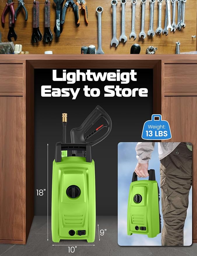 𝐏𝐨𝐰𝐞𝐫 𝐖𝐚𝐬𝐡𝐞𝐫 𝟒𝟓𝟎𝟎𝐏𝐒𝐈 Portable with 20FT Pipe, 4 Nozzle Set and 500ml Foam Cannon for Home/Cars/Fences/Windows, Green