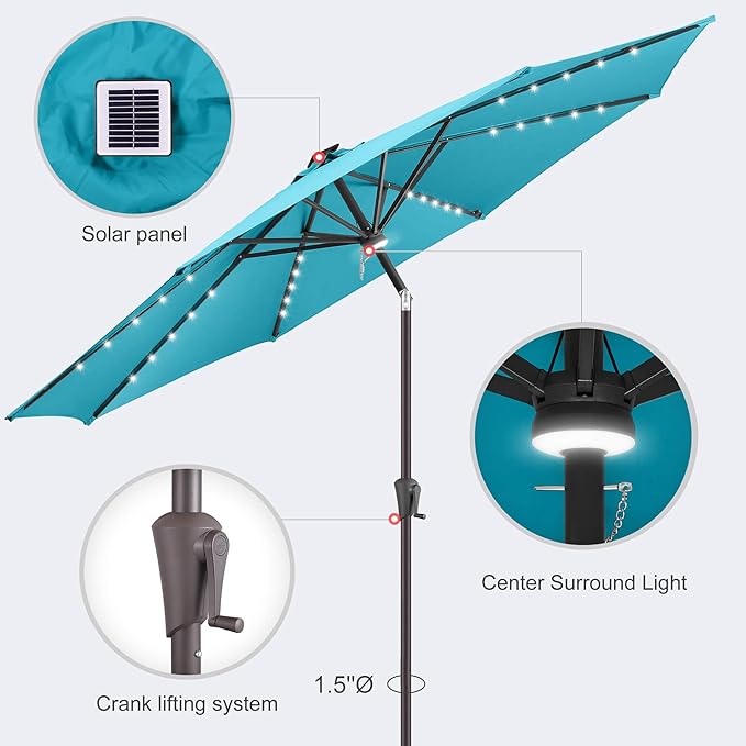 11FT Solar Umbrella Outdoor - Lighted Solar Patio Umbrella with 40 LED Lights Waterproof UV Protection, Table Umbrella with Tilt for Pool, Porch, Garden, Deck, Backyard - Aqua Blue