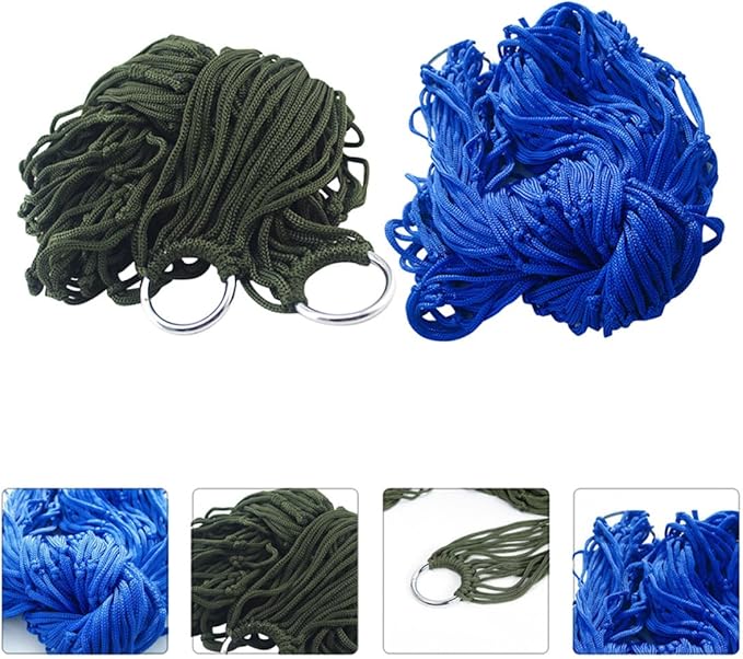 Luxshiny 2pcs Outdoor Hanging Hammock Nylon Rope Mesh Hammocks for Camping and Backyard, Foldable Sleeping Swing Bed with Blue and Army Green Colors Random Color