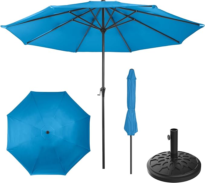 Pure Garden 9FT Round Patio Umbrella with 19lb Weighted Base - Easy Crank, Vented Canopy Outdoor Umbrella for Shade - For Deck, Balcony, Porch, Backyard, or Pool (Blue)