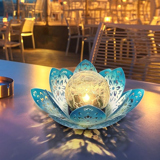 2 Pack Solar Lights Outdoor Garden 6.3 " Glass Lotus Lamp Waterproof LED Metal Flower Lights Outdoor Garden Table Decor for Outside Balcony, Patio, Deck, Porch, Walkway