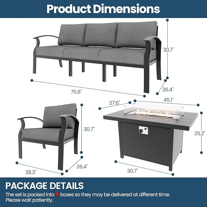 Aluminum Outdoor Patio Furniture Set,4 Pieces 5 Seats Patio Conversation Sets with 45" Propane Fire Pit Table,Metal Patio Sectional Furniture Set with Thick Cushion,Grey