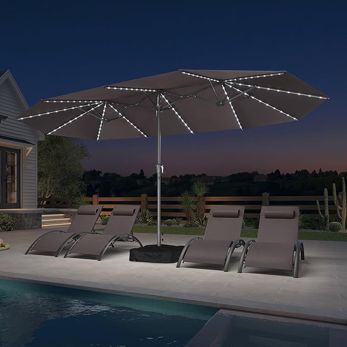 PURPLE LEAF 15ft Double-Sided Patio Umbrella with Base and Solar Lights Outdoor Market Umbrella with Crank Handle Rectangle Umbrella for Backyard Pool Garden Deck, Light Grey
