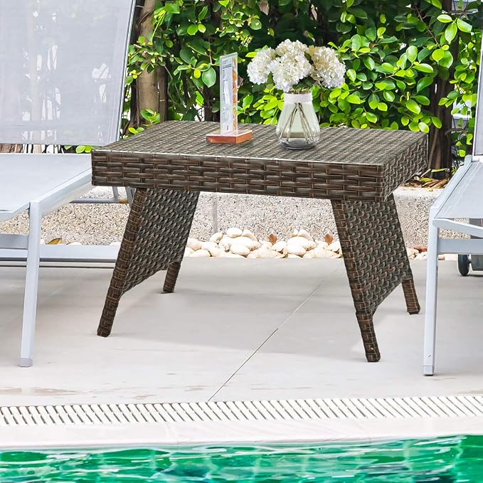 Outdoor Side Table for Patio, Folding PE Rattan End Table with Metal Frame, Portable Wicker Coffee Table for Garden Porch Balcony Deck Poolside (Brown)