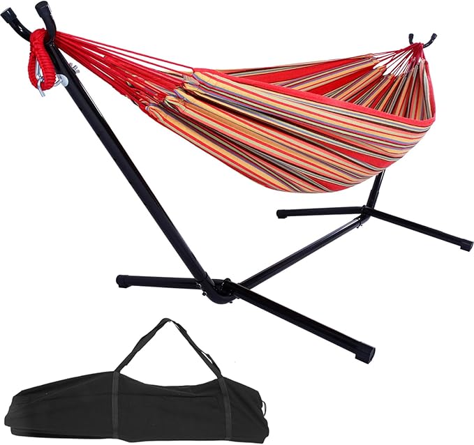 Hammock with Stand, 1-2 Person Heavy Duty Hammock with Carrying Bag, Polyester Outdoor Hammocks for Outside Backyard, Camping, Garden, Yard, Patio, 250 lbs Weight Capacity (Red Stripes)
