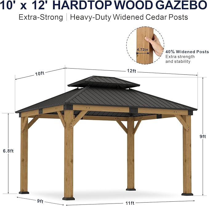 Wood Gazebo 10' x 12', Permanent Pavilion with Hardtop Galvanized Steel Double Roof, Cedar Gazebo with 4.72" Thickened Wooden Posts for Poolside, Patio, Backyard, Garden and Deck