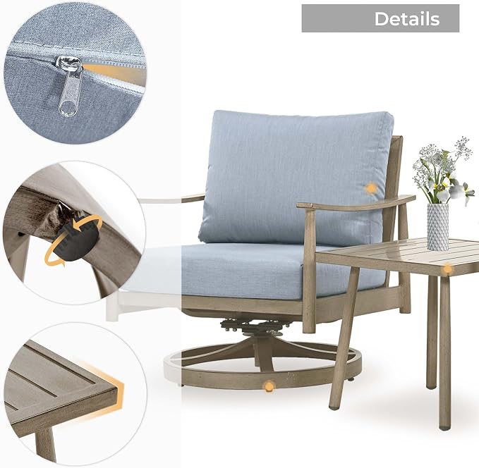 HAPPATIO Patio Conversation Set 3 Pieces, Outdoor Aluminum Conversation Furniture Set, 2 Swivel Chairs with Backrest Rope Design and 1 Side Table for Garden, Pool, and Lawn (Brown)