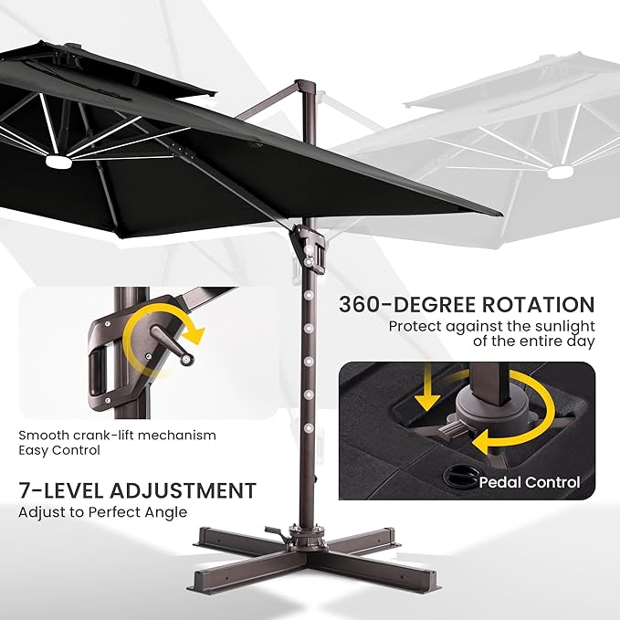 10x10 FT Cantilever Patio Umbrella with Led Lights Double Top Outdoor Square Large Heavy Duty Aluminum Offset Umbrellas with 7 Level Tilt 360-degree Rotation for Pool Garden Deck, Black