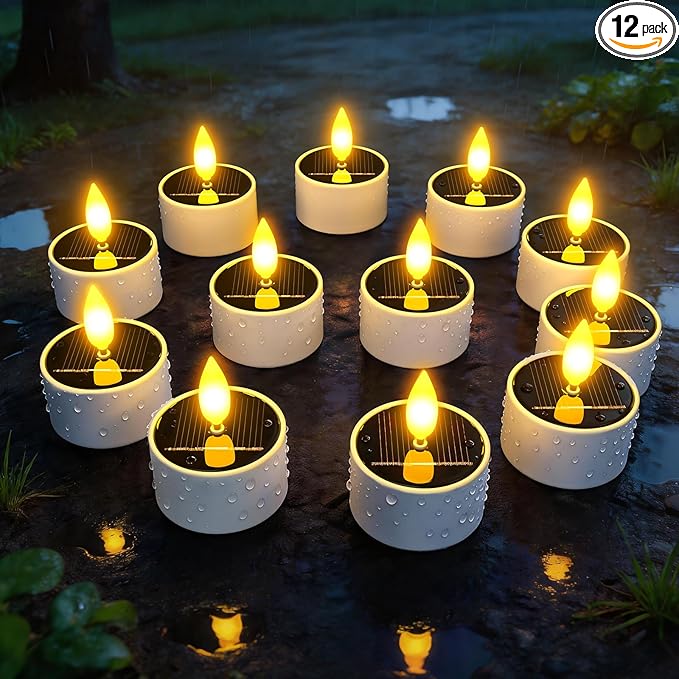 Yme Solar Tea Lights Outdoor Waterproof, 12 Pack Flickering Flameless Solar Candles with Dusk to Dawn Sensor, Rechargeable LED Votive Tealights for Lanterns Garden Patio Wedding Party Decor