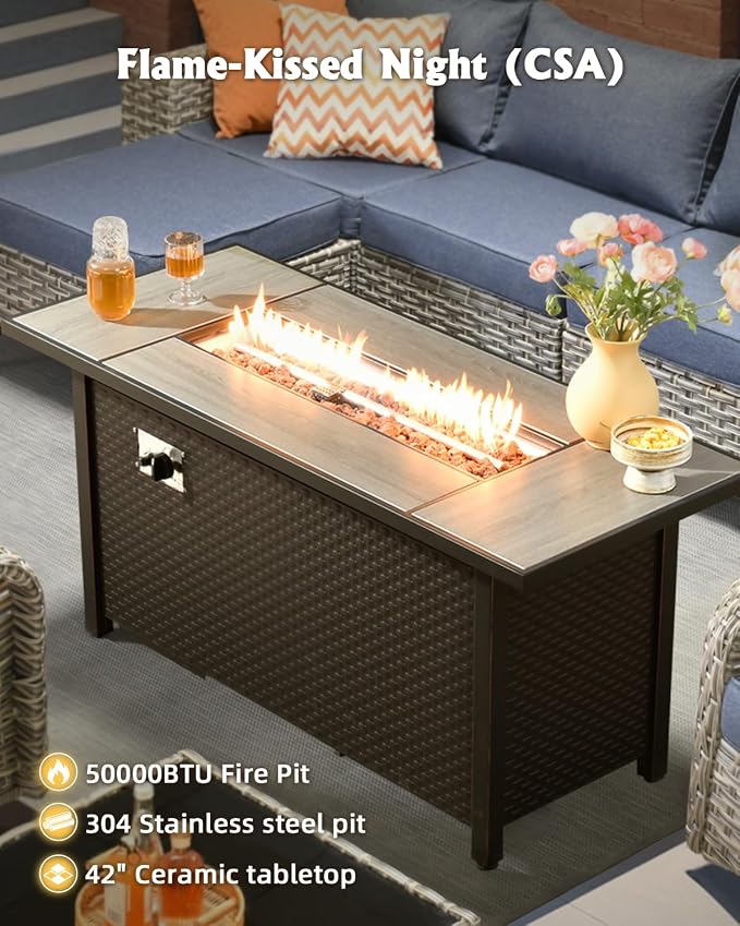 Outdoor Sectional Patio Furniture Set with Fire Pit Table,8 Pieces Wicker Conversation Sets L Shaped Couch,Extra Deep Out Door Sofa Outside Furniture with Swivel Chairs,Blue