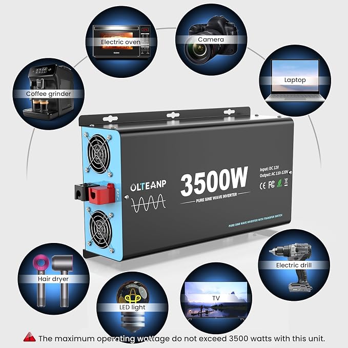 3500W Pure Sine Wave Power Inverter with Transfer Switch, 12V DC to 120V AC Converter, 7000W Peak, Auto Switch to Shore Power, Remote LCD Controller, USB & Type-C for RV, Truck, Off-Grid Heavy Duty
