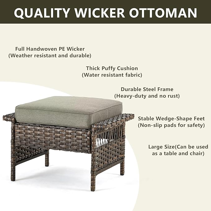 Outdoor Wicker Patio Furniture Set - 5 Piece Rattan Patio Conversation Sets with 2 Wicker Chairs,2 Ottomans and 1 Sofa for Porch Deck Garden(Brown/Grey)