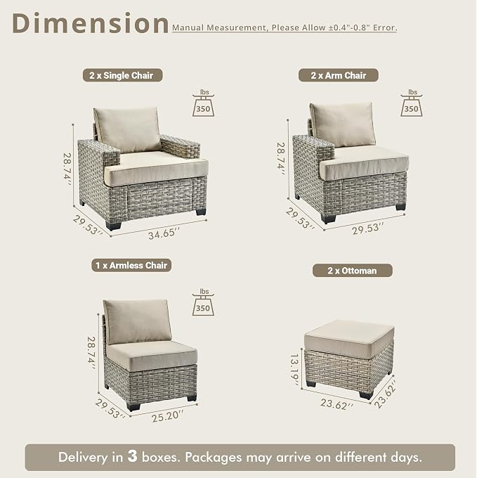 Weaxty 7 Pieces Outdoor Furniture Set, Patio Sectional Sofa Wide Seats Couch Chair with Ottoman, Thick Cushion All-Weather Rattan Patio Conversation Sets for Backyard Porch Balcony, Beige