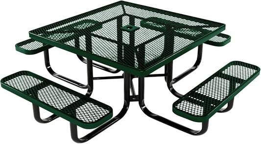 COATEDOUTDOORFURNITURE Heavy-Duty Portable Outdoor Kids Table with Umbrella Hole, Expanded Metal Kids Picnic Table, Commercial-Grade, Made in America (46 in, Square, Childrens, Green)