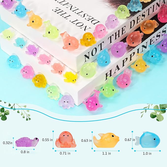 Mini Resin Ocean Animals to Hide 72 PCS Luminous Tiny Miniature Figurines Bulk Glow in The Dark Include Little Octopus Small Turtle Dolphin Fish for Aquarium Garden Micro Landscape