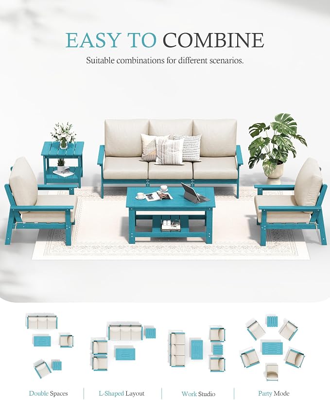 Ciokea Modular Patio Furniture Set with Thicked Cushions, 7Pcs All-Weather Outdoor Conversation Set with Coffee Table & Side Table, Modern Sectional Sofa Set for Deck (Blue Frame/Beige Cushions)