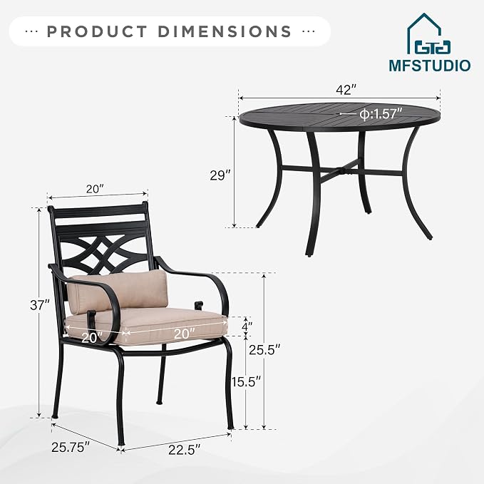 MFSTUDIO 5-Piece Patio Dining Set, 42" Round Metal Table, Fixed Chairs | Umbrella Hole, All-Weather Use