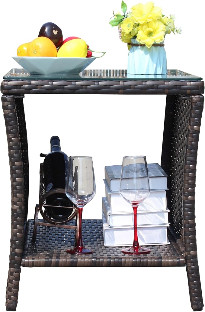 Outdoor Wicker Side Table, 19.25" Square Patio End Table with Tempered Glass Top & Storage Shelf, All-Weather Brown Rattan Coffee Table for Patio, Porch, Backyard, Poolside, Indoor & Outdoor Use