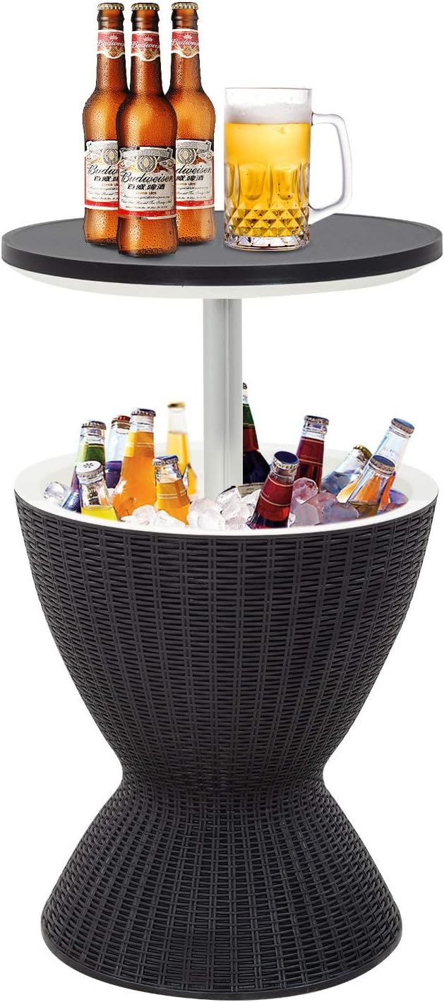 FDW Cool Bar Cooler Table Outdoor Patio Furniture and Hot Tub Side Table 3in1 All-Weather Cool Wicker Bar Table + Ice Bucket + Cocktail Coffee Table with 8 Gallon Beer and Wine Cooler (Black)