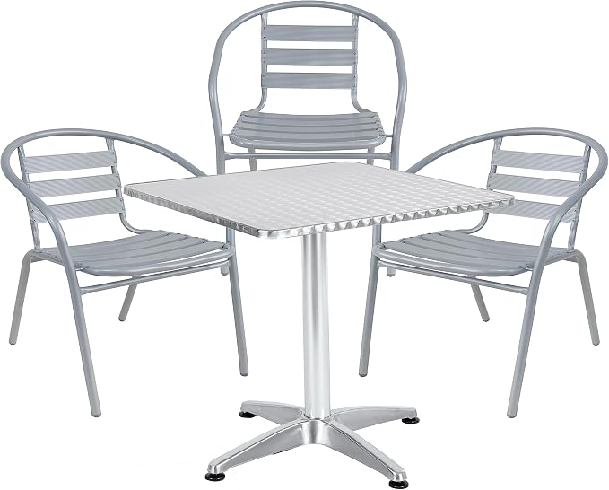 BTEXPERT Indoor Outdoor Restaurant Stainless Steel Aluminum + 3 Silver Gray Metal Slat Stack Commercial Lightweight, 3 Chairs with a 27.5" Square Table
