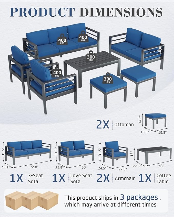 AECOJOY Aluminum Patio Furniture Loveseat, Modern Outdoor Furniture with Washable 5 inch Thick Cushion, Blue