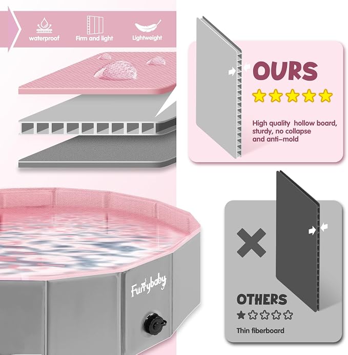 Furrybaby Dog Pool, Kiddie Pool with Hard Plate Collapsible Pet Bath Foldable Swimming Pet Pool Portable Pink 40''