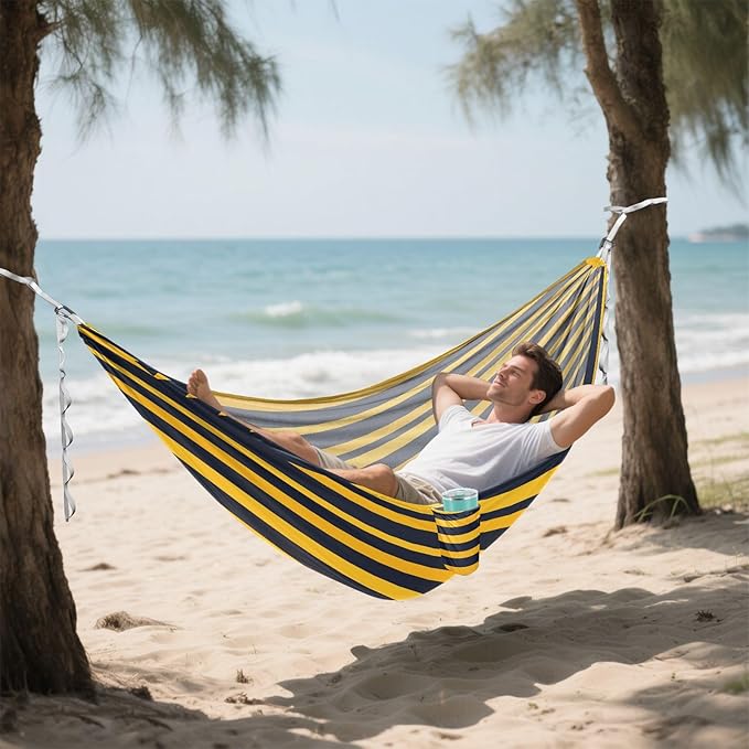Camping Hammock Outdoor Hammocks for Outside Yellow Black Stripe Beach Trees Portable Lightweight with Pockets Tree Straps Indoor