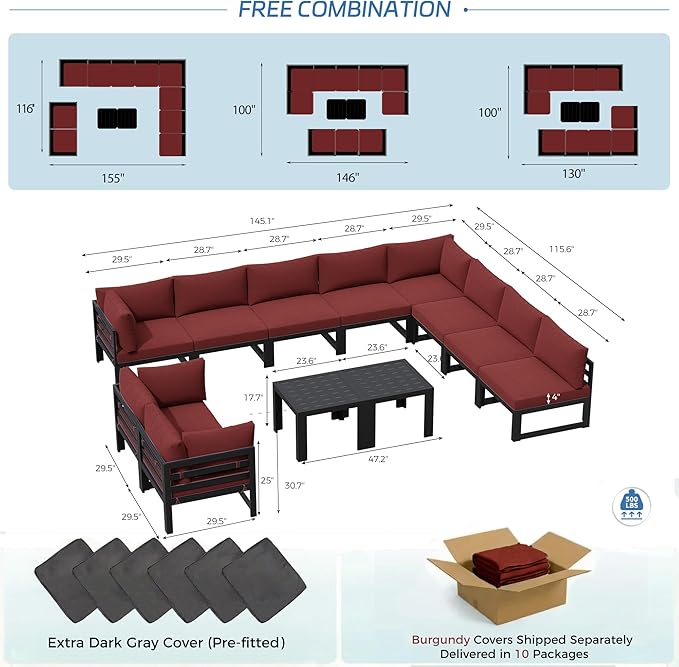 NICESOUL 12 Piece XL Aluminum Patio Sectional Furniture Set with Side Table, 500 lbs Heavy Duty Anti-Rust Outdoor Couch, 29" Extra Deep Wide Seating, High End Conversation Sofa for Poolside Yard, Red