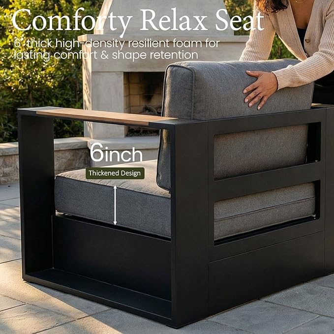 LayinSun 4 Pieces Aluminum Patio Furniture Set with Fire Pit Table, Oversized Outdoor Conversation Set 4 Seats with 6" Thick Cushions for Outside Porch, Balcony, Deck