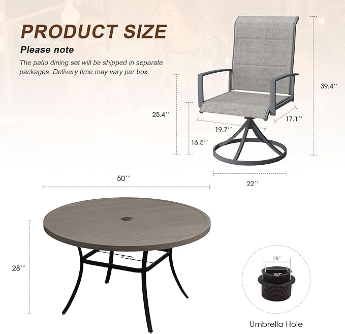 VICLLAX 7 Pieces Outdoor Dining Set, Patio Furniture Set Includes 50" Round Metal Table W/ 1.9" Umbrella Hole and 6 Padded Textilene Swivel Chairs for Porch, Lawn, Garden, Backyard