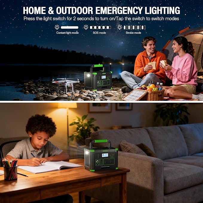 Portable Power Station 1000W, 999Wh Solar Generator, Pure Sine Wave AC Outlet with PD 60W USB-C Fast Charging, Outdoor Camping RV Van Home Backup Off-Grid Living